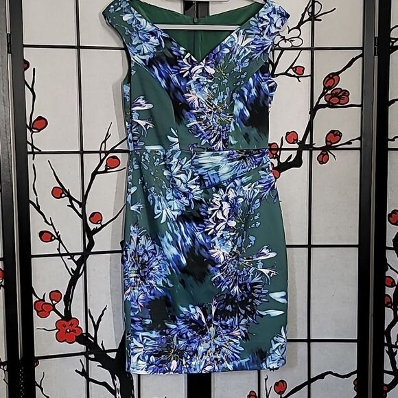 Karen Millen Womens Back Zip V Neck Floral Sheath Dress Green Blue Size 8 - Picture 2 of 11